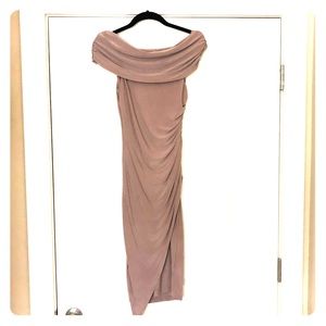 Off the shoulder, slit leg mauve dress